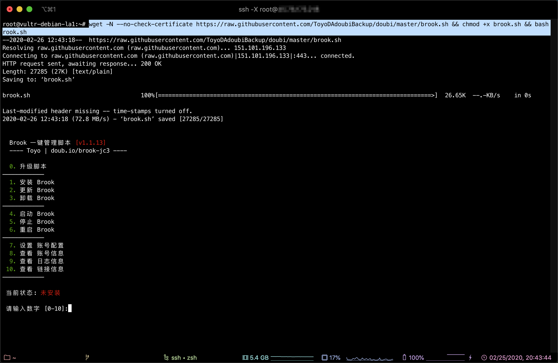 Download and run the script of Brook server installation