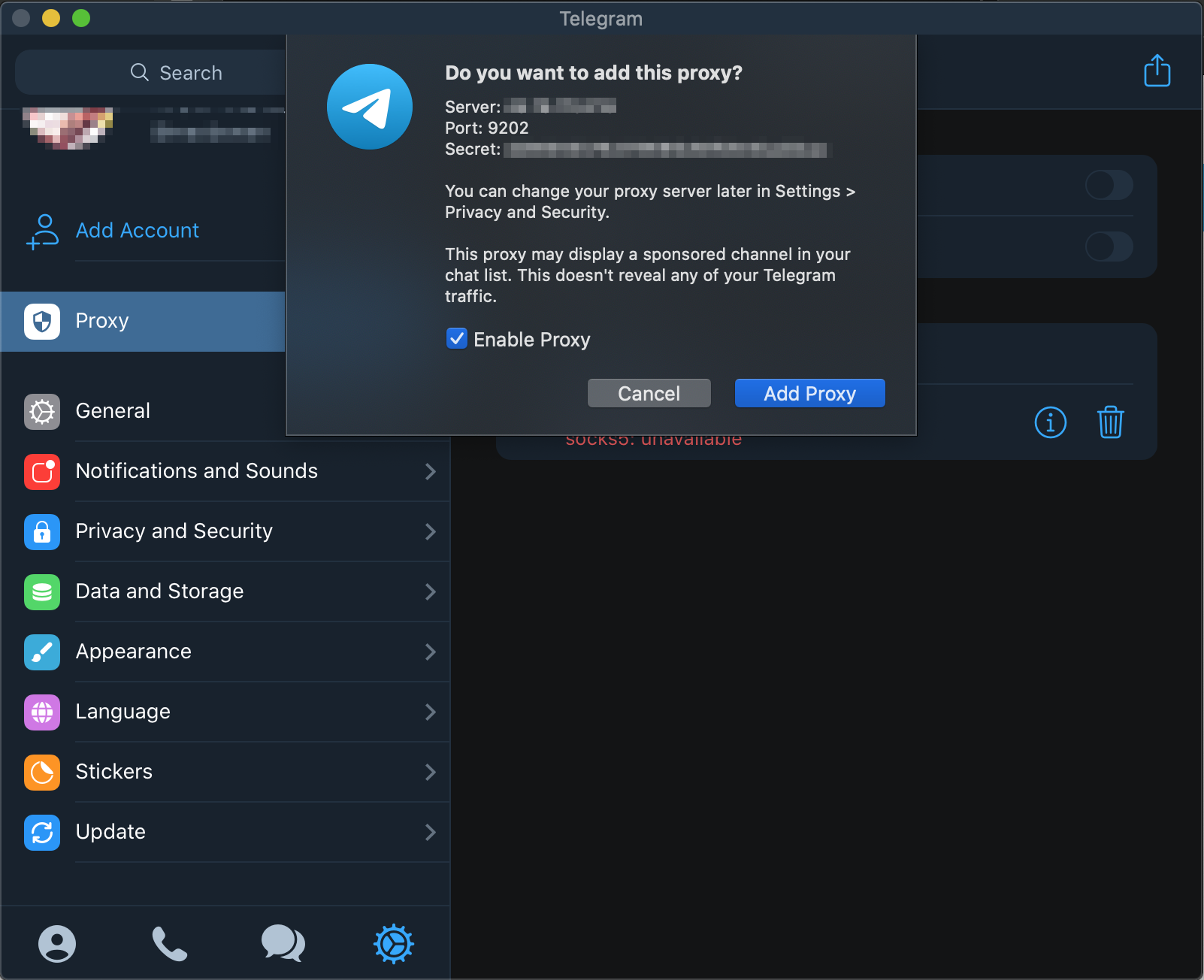 Set up MTPROTO proxy in Telegram